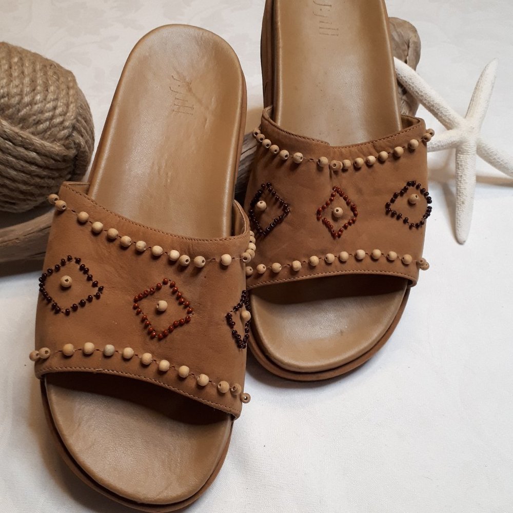 J. Jill | Suede Leather | Camel Colour | Beaded | Platform Wedge | Mule Sandals